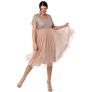 Maya Deluxe Verfraaide midi-avondjurk voor dames, V-hals, korte mouwen, voor gala, bruiloft, bruidsmeisje, Taupe Blush, 32