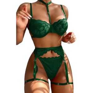 Lilosy Sexy Choker Bloemen Kant Onderdraad Push Up Jarretelgordel Lingerie Set voor Vrouwen Sheer BH en Panty 3-delig, Leger Groen, XXS