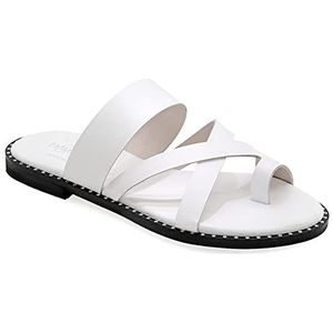 39 Witte Emmanuela Comfortabele lederen neus ring platte sandalen, Griekse glijbaan op X-riem zomerschoenen voor vrouwen, splitste teen boho chique schuif, riem sandalen met gevoerde innerlijke zool