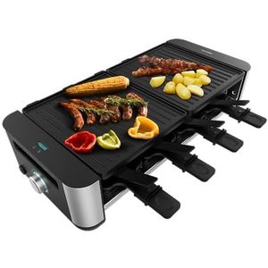 Cecotec Raclette Cheese & Grill 16000 Inox Black, 8 personen, 1400 W grill, 40 x 22 cm, instelbare thermostaat, anti-aanbakplaat, inclusief 8 pannen en 8 spatels.