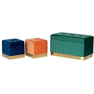 Adda Home Set van 3 pofs, MDF/fluweel/metaal, blauw/oranje/groen/goud, 80 x 40 x 44/36 x 36 x 34 cm