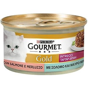 Purina Gourmet Gold, korstmos van Gusto, natvoer voor katten met zalm en kabeljauw, 24 blikjes à 85 g