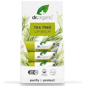 Dr. Organic Tea Tree lippenbalsem, hydraterend, SPF 15, heren, dames, natuurlijk, vegetarisch, dierproefvrij, vrij van parabenen en SLS, gerecycled en recyclebaar, biologisch, 5,7 ml
