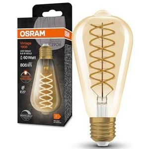 OSRAM Vintage 1906® Classic Edison FIL 60 LED lamp, E27, dimbaar, Edison vorm, goud, 8,8W, 806lm, 2400K, verminderd warm wit licht, laag energieverbruik, lange levensduur