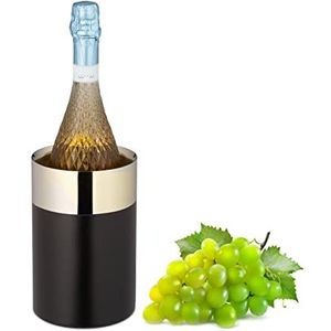 Relaxdays wijnkoeler rvs, dubbelwandig, flessenkoeler wijn & champagne, HxØ: 18,5 x 12 cm, stijlvol design, zwart/goud