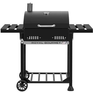 Royal Gourmet Houtskoolgrill, grillwagen met inklapbare zijplanken, rookoven, staande grill met decekl, thermometer, kolengrill, zwart