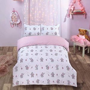 Dreamscene Ellie Olifant dekbedovertrek met kussensloop, omkeerbaar, schattig, roze beddengoedset voor meisjes, jongens, kinderen, baby olifant vlinder - tweepersoons