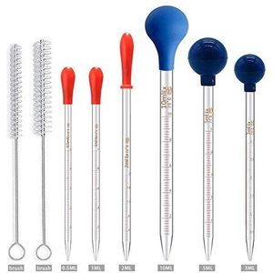 6 STKS Dikke Glas Afgestudeerde Druppelaar Pipetten Vloeibare en Vloeibare Pipettoren 0.5 ml 1 ml 2 ml 3 ml 5 ml 10 ml met Caps en 2 STKS Wasborstels (20 cm-7.8 inch)