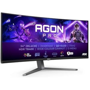 AOC Agon Pro AG346UCDAM - 34 inch WQHD OLED gebogen gaming-monitor, 175 Hz, 0,03 ms, FreeSync Premium Pro, comp. G-Sync, HDR400 (3440 x 1440, 2 x HDMI, DisplayPort, USB-hub) zwart