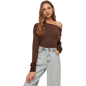 Trendyol Dames getailleerde off-shoulder asymmetrische kraag gebreide blouse, Bruin, S