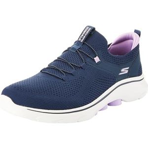 Skechers Dames GO Walk 7, Navy Textiel/Lavendel Trim, 4 UK, Navy Textiel Lavendel Trim, 37 EU