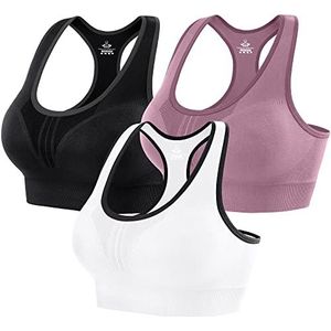 Heathyoga Sportbeha voor dames, sterke ondersteuning voor hardlopen, training, yoga, zacht, ademend en elastisch, verpakking van 3 stuks - zwart + wit + roze, M