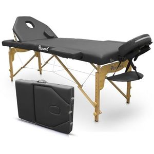 QUIRUMED Elite Inklapbare Houten Massagetafel, Kleur Zwart, 194 x 70 cm, Massagebed, Kunstleer, Inklapbare Rugleuning, In Hoogte Verstelbaar, Afneembare Hoofdsteun, Gezichtsgat, 2 Secties, Tot 150 kg