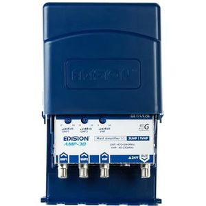 EDISION AMP-30 antenneversterker 2UHF, 1VHF/FM, 17-32dB verstelbaar, 107dBmV, 24V, voor digitaal terrestrisch DVB-T/T2, met 5G LTE filter, UHF-frequenties 470-694 MHz, VHF/FM 45-232MHz