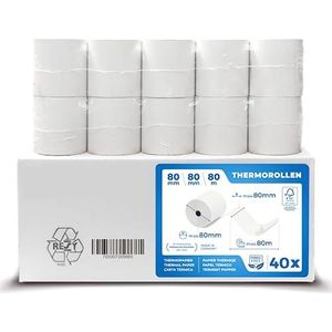 Premium thermische rollen 80 mm x 80 mm x 12 mm, thermisch papier, bonrollen (80 80 12), gecertificeerd voor kassaprinters zoals Epson, IBM, Metapace en nog veel meer.