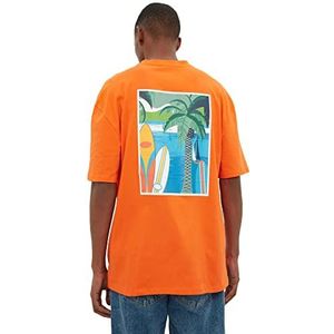 Trendyol Heren Orange Mannen ontspannen pasvorm ronde kraag korte mouwen print T-shirt, extra klein