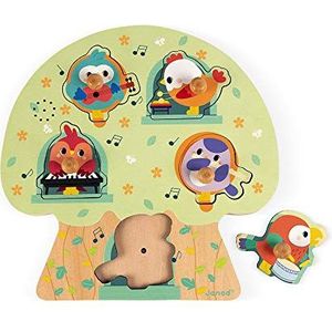 Janod - From 18 Months - Musical Wooden Puzzle Birds in Party - 5 Pieces - First Age Puzzle - Develop Motor Skills - J07092