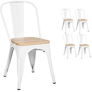 KOSMI - Set van 4 witte stoelen van metaal en licht hout, industriële stijl, van metaal, wit, mat en zitting van licht hout