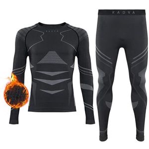 KADVA Streif Thermo-ondergoedset voor heren, kleur donkergrijs, functioneel ondergoed voor de winter, reguleert de temperatuur tijdens het sporten, ademend en vochtafvoerend, Grijs, M-L