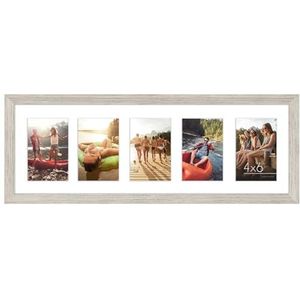 Americanflat 8x24 Collage fotolijst met vijf 4x6 displays in drijfhout - composiet hout met breekbestendig glas - horizontale en verticale formaten voor muur