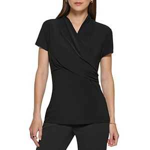 DKNY Damesshirt met korte mouwen en ruches aan de zijkant, Zwart, L