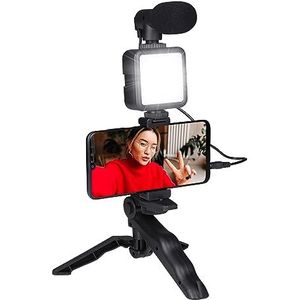 Grdunig Telefoon statief met lamp, statief met microfoon, leds met 3 kleurinstellingen, voor telefoons van 53 tot 84 mm, tafelmodel en selfiestick, materiaal van kunststof, zwart