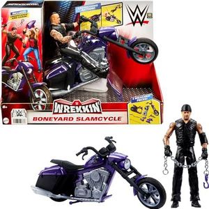 WWE Wrekkin Boneyard Slamcycle motorfiets met gelede figuur Undertaker 15 cm, lanceringsfunctie, 8 afneembare onderdelen, functionele wielen, speelgoed voor kinderen, vanaf 3 jaar, HTR84