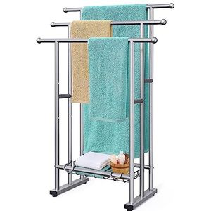 40 inch hoge vrijstaande handdoekenrekken voor badkamer, 3-laags vloerhanddoekenrek met opbergmand, deken ladder drogen en displayrek voor grote badhanddoek en handdoek buiten het zwembad (zilver)