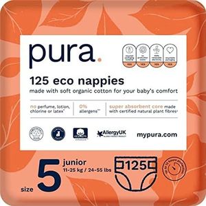 Pura Eco-vriendelijk Babyluiers Maat 5 (Junior 11-25 kg / 24-55 lbs), Pakjes van 25 Luiers (125 Luiers)