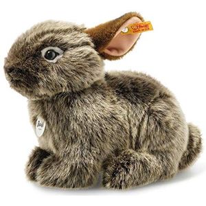 Steiff 024368 Origineel pluche dier Vula vulkaan konijnen, National Geographic knuffeldier ca. 23 cm, merkpluche met knoop in het oor, knuffelvriend voor baby's vanaf de geboorte, grijsbruin