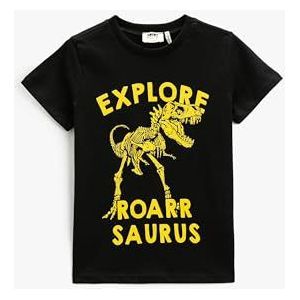 Koton Boys dinosaurus bedrukt T-shirt korte mouw ronde hals katoen, zwart (999), 6-7 Jaar