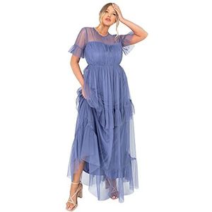 Anaya with Love Dames Maxi Jurk Voor Vrouwen Mesh Gelaagde Terug Sleutelgat Mesh Korte Mouw Ruche voor Bruiloft Gast Prom Ball Avondjurk Maat 18 Iris Blauw, Iris Blauw, 44