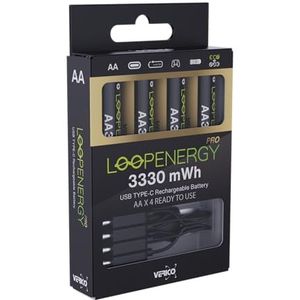 VERICO LoopEnergy Pro AA 3330 Oplaadbare USB-C batterij AA 1,5 V 3330 mWh (2220mAh) Li-Ion batterij, snel opladen via USB-C aansluiting in ca. 2 uur, 4-pack AA, 1 kabel USB -A naar 4 x USB-C