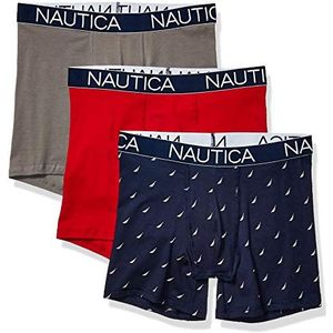 Nautica Boxershort voor heren (pak van 3), Nautica rood/platina grijs/zeil print pauw, XL