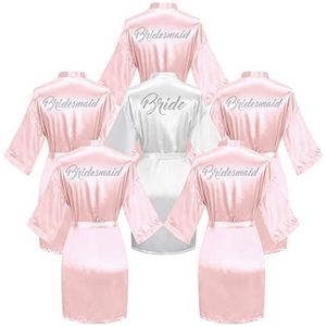 6 stuks bruids douche badjas voor bruid en bruidsmeisje gewaad met strass klaar kimono jurk, roze bruids set, one size, Roze Bruids Set, one size
