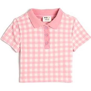 Koton Meisjes's Polo Crop Korte Mouwen Knop Detail Slim Fit Cut T-shirt, Pink Check (2c6), 6-7 Jaar