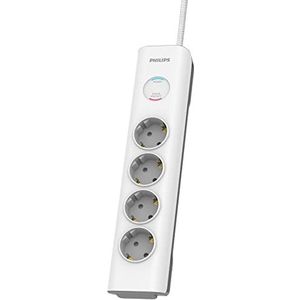 Philips SPN7040WA/10 stekkerdoos met 4 stopcontacten, stroomvergrendeling, 3.680 W, 600 J, gevlochten netsnoer, 2 m hoogvast, veiligheidssluiting (Prot-LED-display)