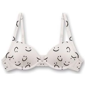 Meisjes-cup-beha off-white, comfortabele en aangename zachte cup-beha zonder beugel, voor meisjes van katoenmix. Ondergoed met verstelbare bandjes en smiley-allover | meisjesbeha, beige, 65AA