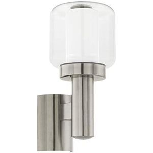 Eglo Poliento buitenwandlamp; buitenlamp met 1 lichtpunt; wandlamp van roestvrij staal, kunststof en glas. Kleur: zilver/wit. Fitting: E27, IP44.