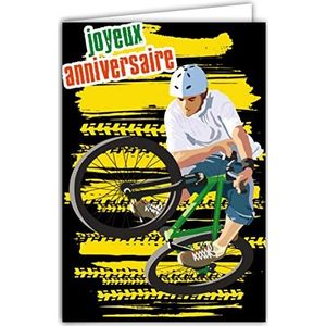 Afie 67-1250 verjaardagskaart met envelop, voor jongens en heren, sportief, die van fietsen houdt, 2 wielen, MTB, BMX, extreme figuren, bandensporen, sneakers