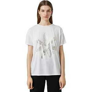 Koton T-shirt voor dames, glanzend bedrukt met korte mouwen en ronde hals, gebroken wit (001), L