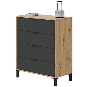 Commode met 4 laden, voor slaapkamer, model Enzo, afwerking in eiken, nodi en antracietgrijs, afmetingen: 77,5 cm (breedte) x 94 cm (hoogte) x 40 cm (diepte)