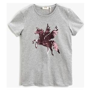 Koton Girls Daisy Sequined T-shirt met korte mouwen, ronde kraag, grijs (031), 5-6 Jaar