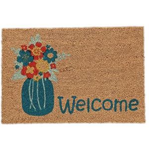 Relaxdays deurmat kokos, vaas met bloemen, met opschrift ""Welcome"", voetmat 40x60 cm, binnen en buiten, antislip, natuur