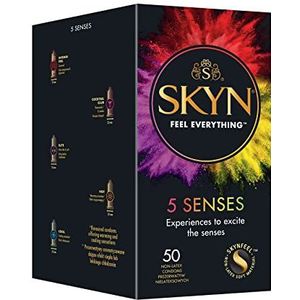 SKYN 5 Senses Condooms (50 Pak) | Skynfeel latexvrije condooms voor mannen, condooms van normale grootte, dunne condooms, verhoogde stippen, cocktailaroma, ultradun, verwarmend, verkoelend, 53 mm