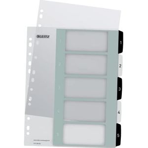 Leitz Index voor A4, 20 stuks, PC-beschrijfbaar afdekblad en 5 verdelers, tabs met cijferdruk 1-5, extra breedte, wit/zwart, polypropyleen, WOW, 12130000