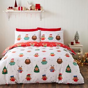 Catherine Lansfield Kerstfeest Robins Omkeerbare Dubbele Dekbedovertrek Set met Kussenslopen Grijs