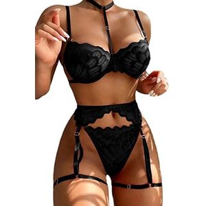 Lilosy Petite Sexy Choker Floral Lace Scallop Sheer Underwire Push Up Garter Belt Lingerie Set for Women See Through Bachelorette Bra and Panty 3 Piece Black XX-Small