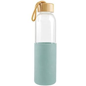 Birambeau - Glazen fles - 550 ml - Glazen waterfles - Herbruikbare drinkfles - Groene siliconen hoes - Bamboe stop - Touw