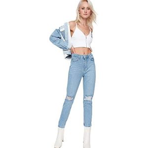 Trendyol Vrouwen Hoge Taille Rechte Pijpen Mom Jeans, Blauw, 62